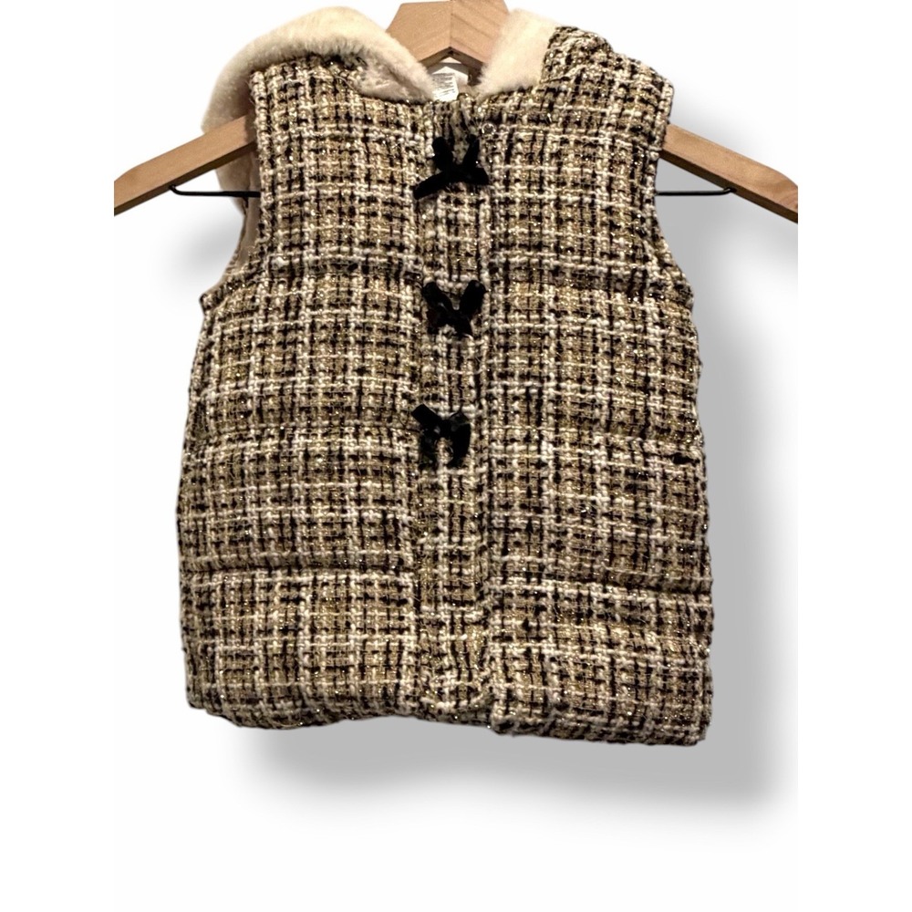 Nicole Miller Girls Tweed Puffer Vest Sz 5 Faux Fur Hood Bow Detail Gold Thread